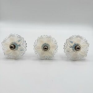 19th C Victorian Opalescent Pressed Sandwich Glass Flower Drapery Tiebacks 3 Set